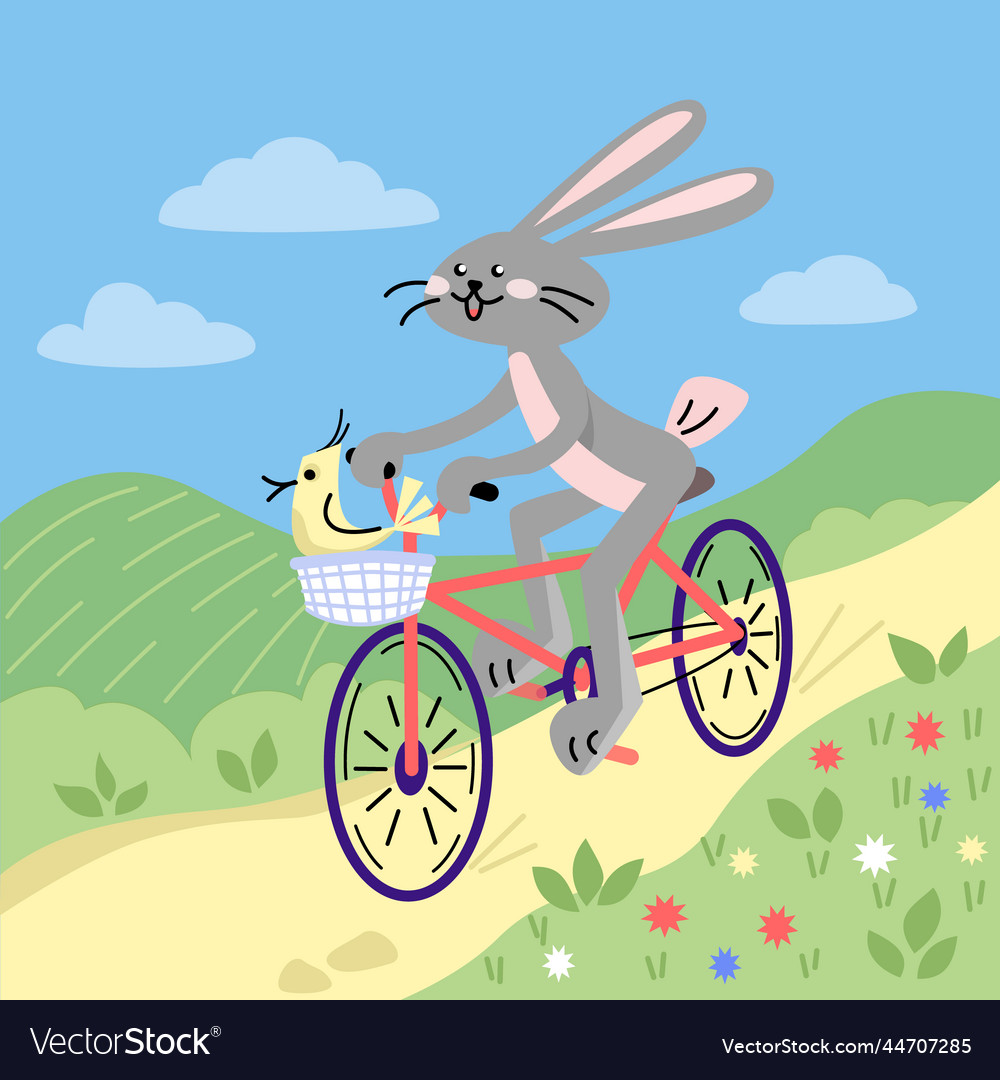 Kaninchen und Vogel fahren ein Fahrrad