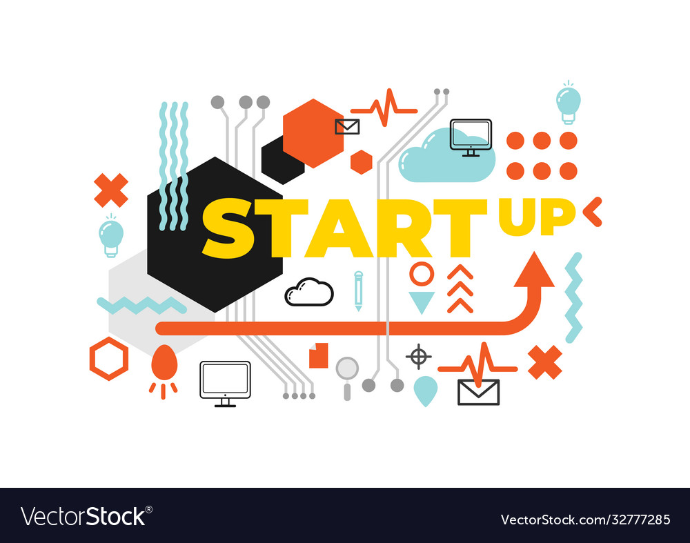 Startup word with element vector image Startup word with element