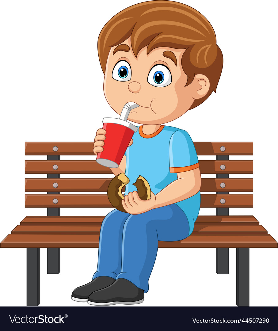 Cartoon Boy Eating Donut and Soda