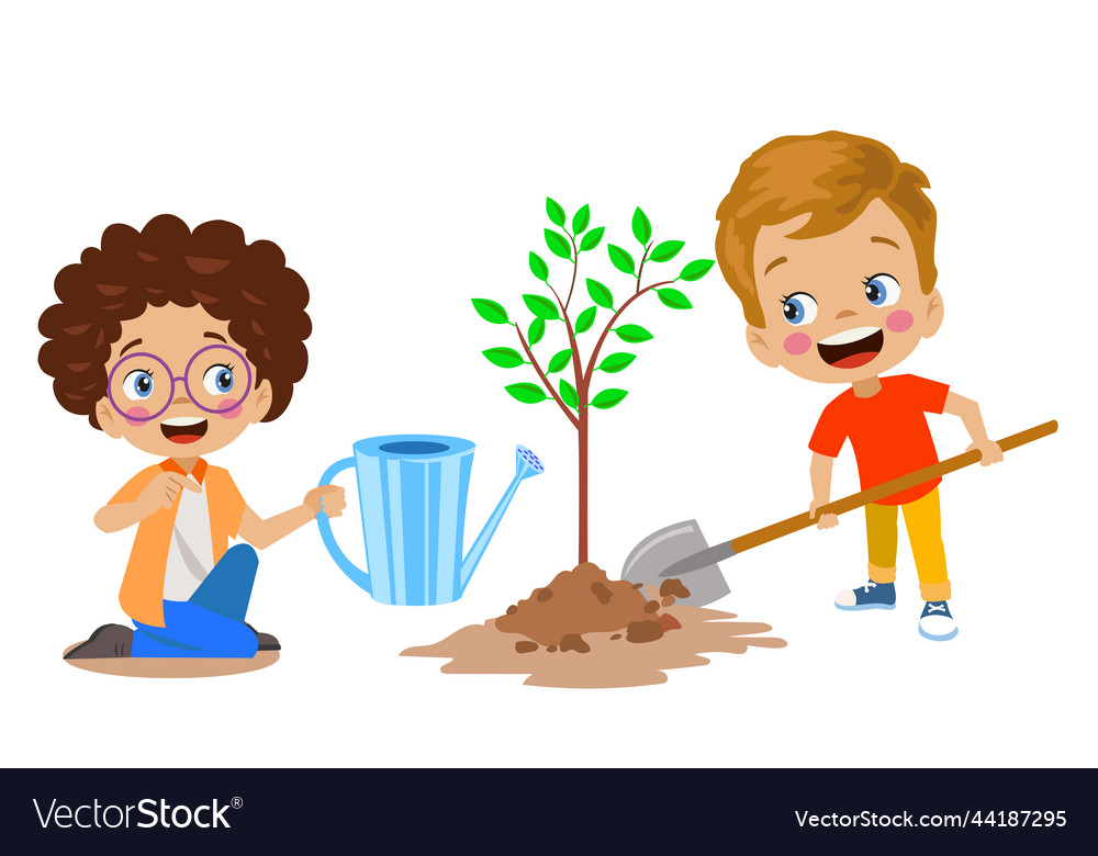 Cute happy kids planting saplings Royalty Free Vector Image