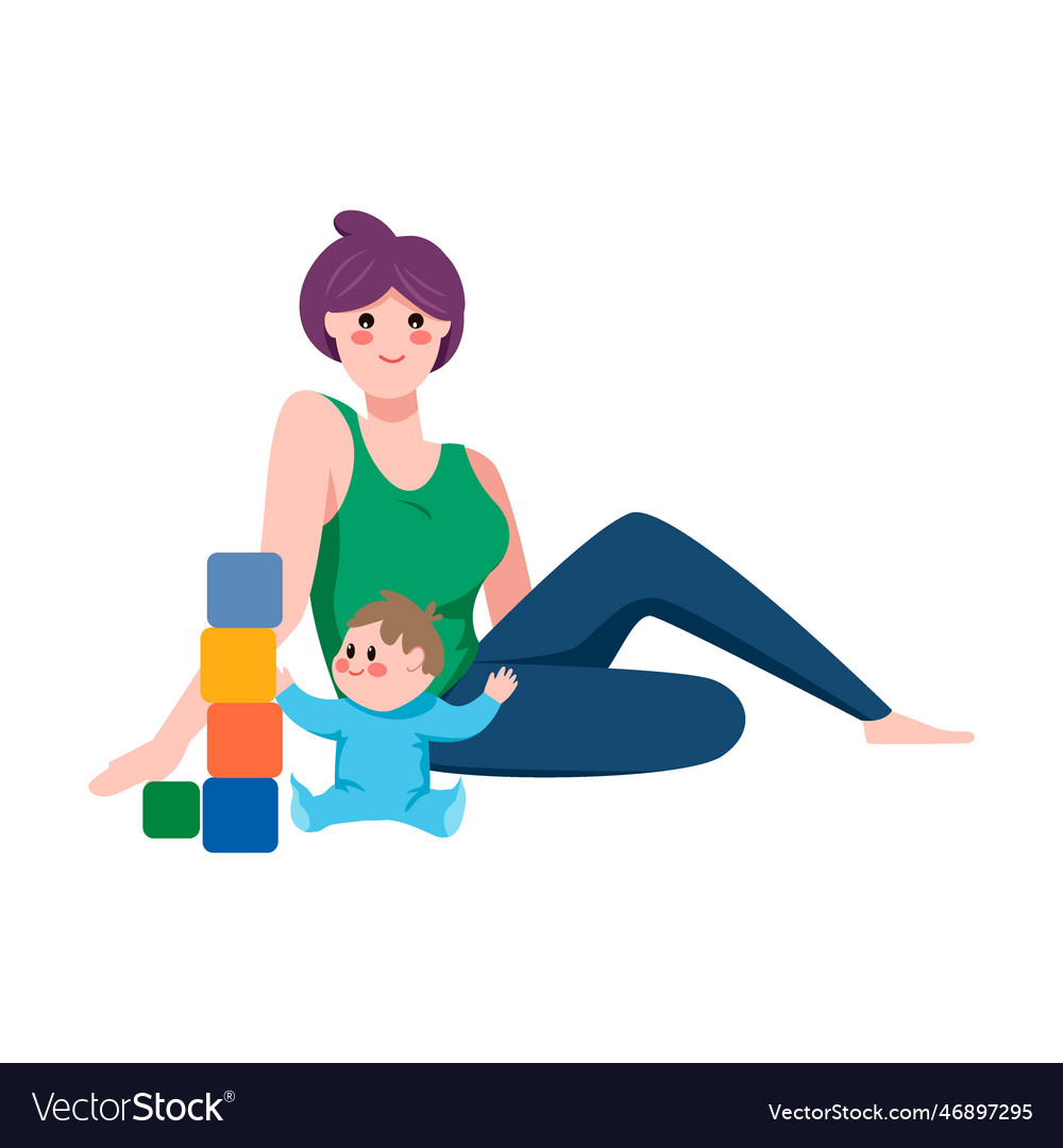 Mom and little baby playing with wooden cubes