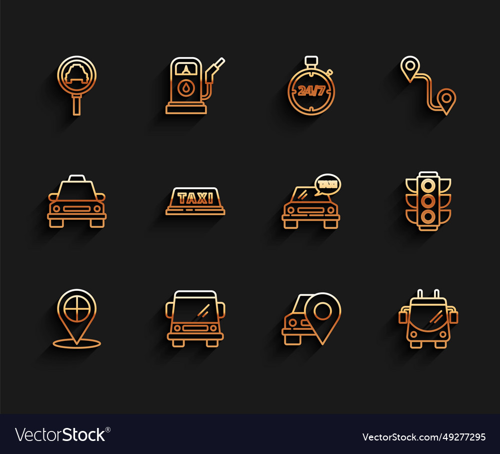 Set line map pointer with taxi car magnifying vector image Set line map pointer with taxi car magnifying