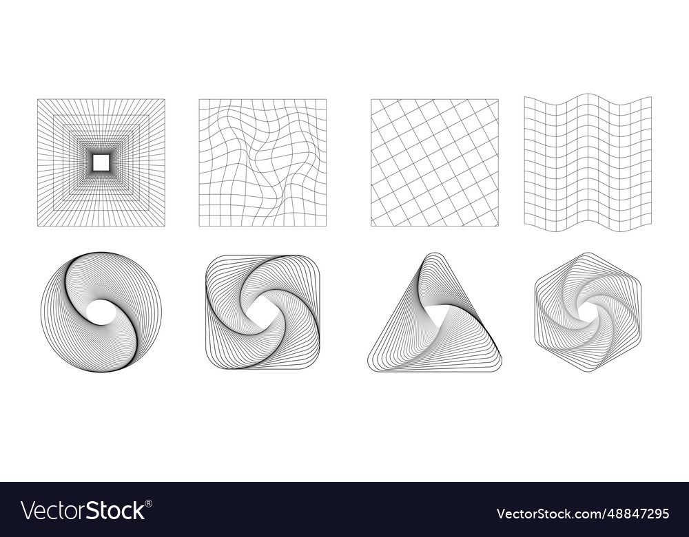 Set of abstract shapes and grids in black color