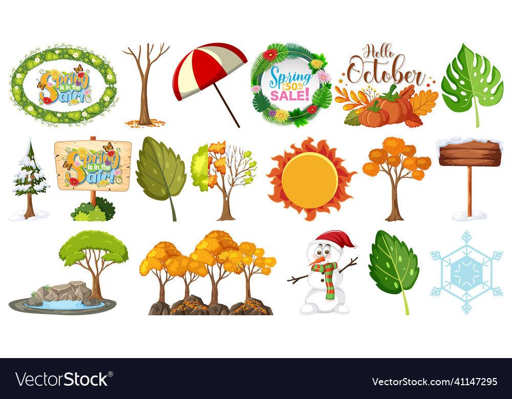 Set of four seasons trees and nature objects vector image Set of four seasons trees and nature objects