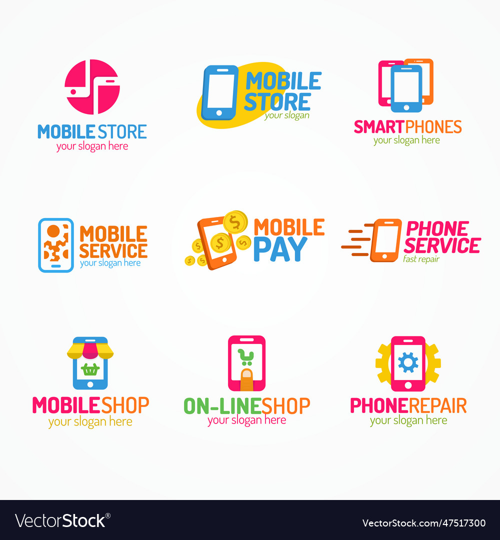 Phone logo set color style use for smartphone shop vector image Phone logo set color style use for smartphone shop