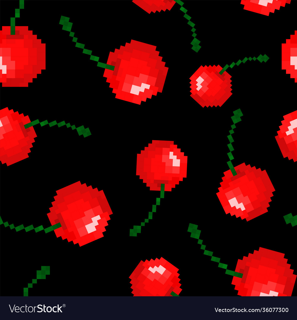 Seamless pattern cherry pixels on a black vector image Seamless pattern cherry pixels on a black
