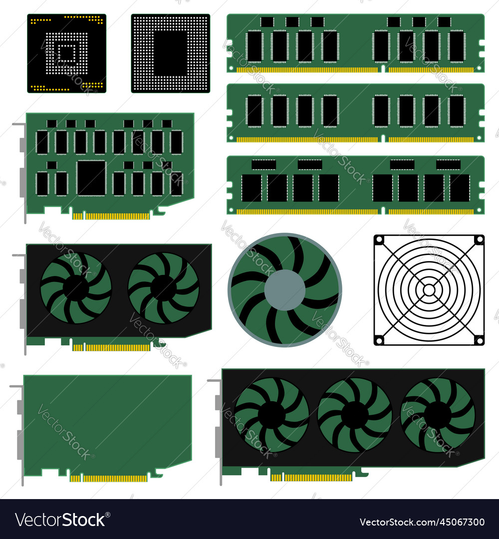 Set of pc hardware and computer parts isolated vector image Set of pc hardware and computer parts isolated