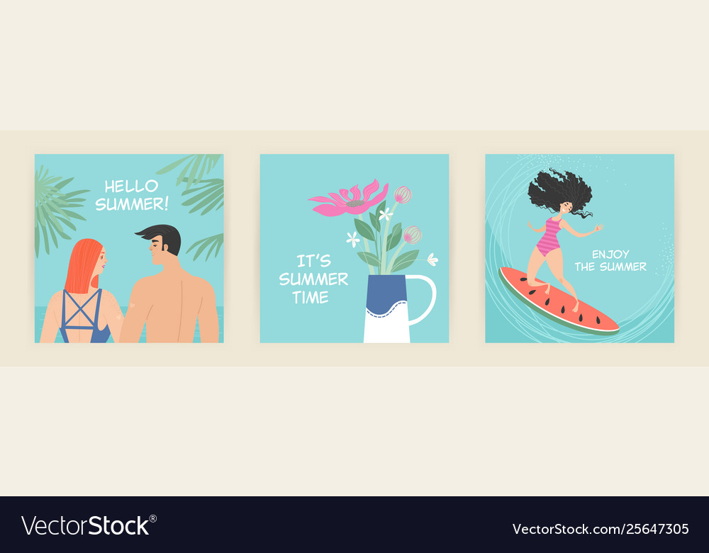 Cards with summer design elements and characters vector image Cards with summer design elements and characters