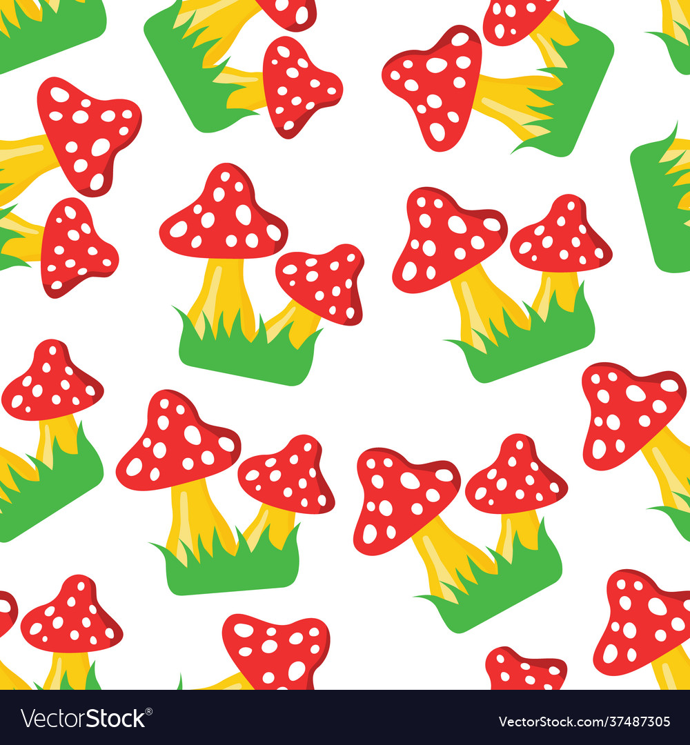 Fly Agaric On Green Grass Seamless Pattern Vector Image