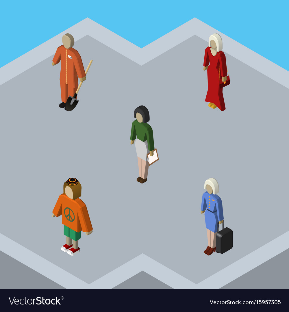 Isometric person set of cleaner lady pedagogue