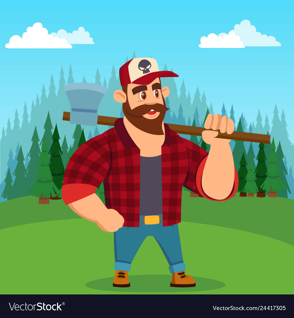 Lumberjack Worker With Axe In Green Forest Vector Image