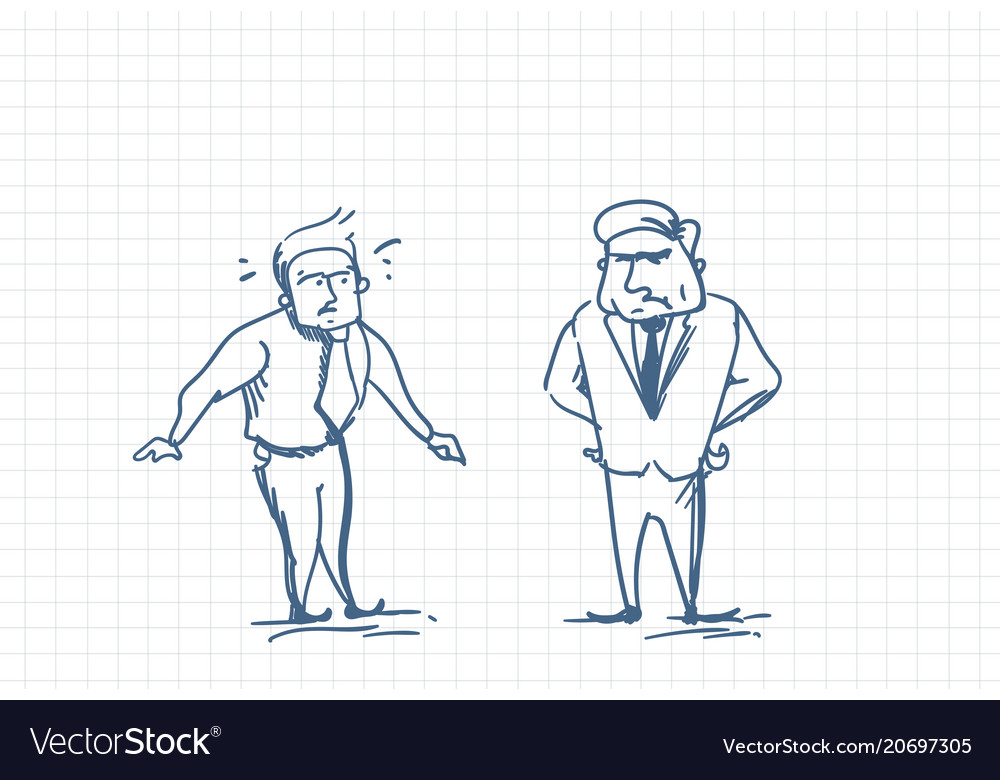 Scared business man talking with angry boss doodle