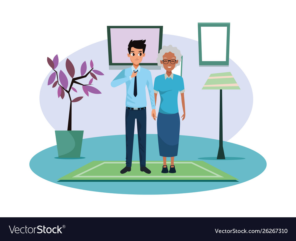 Family grandmother with adult son cartoon