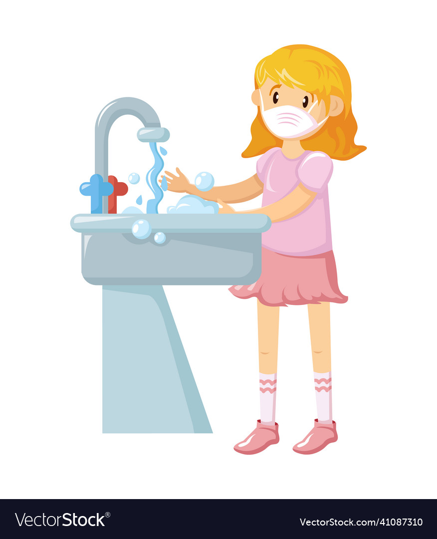 Little girl washes hands with soap prevention