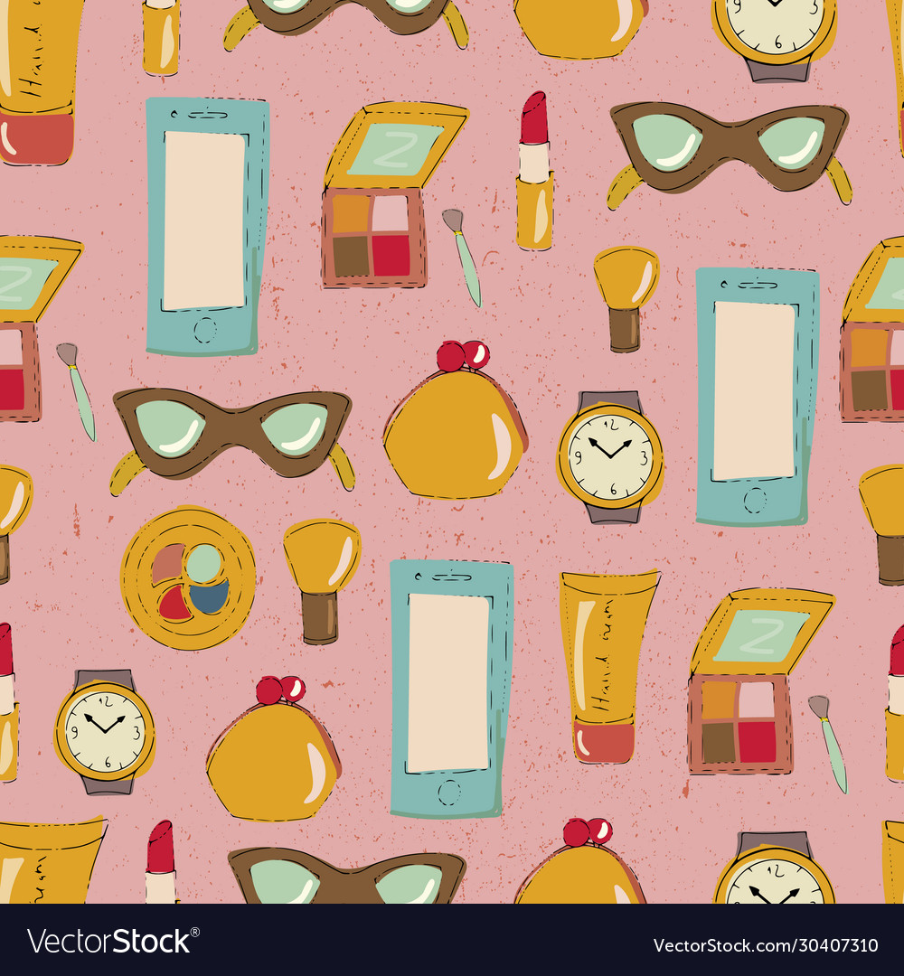 Seamless pattern with objects a girl bag vector image Seamless pattern with objects a girl bag