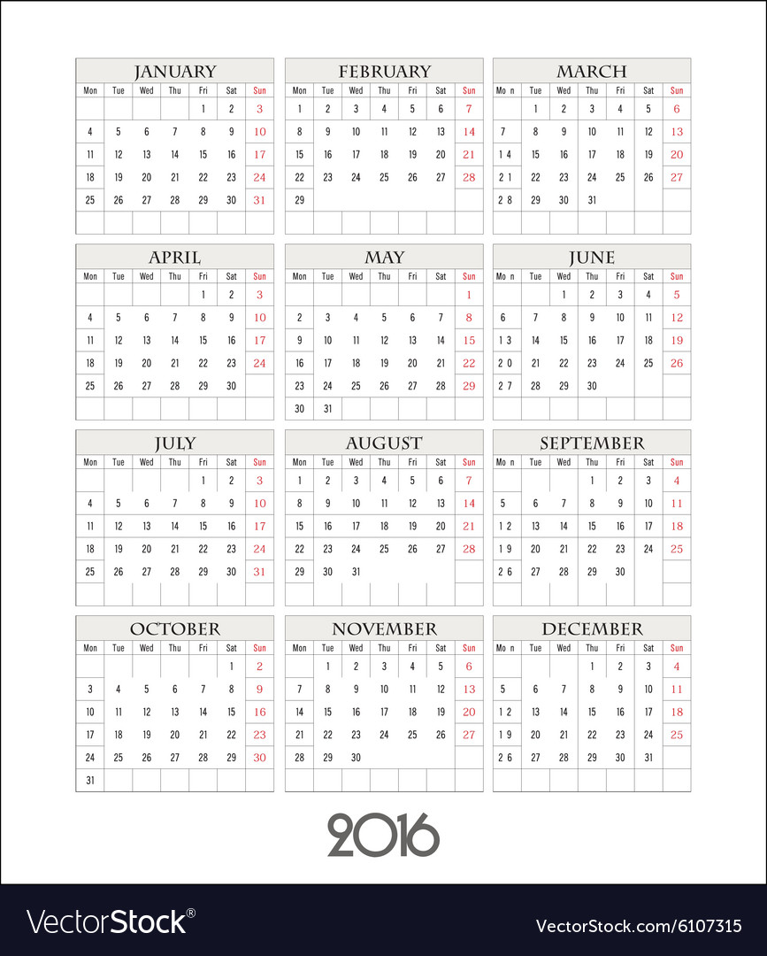 template calendar grid for 2016 royalty free vector image