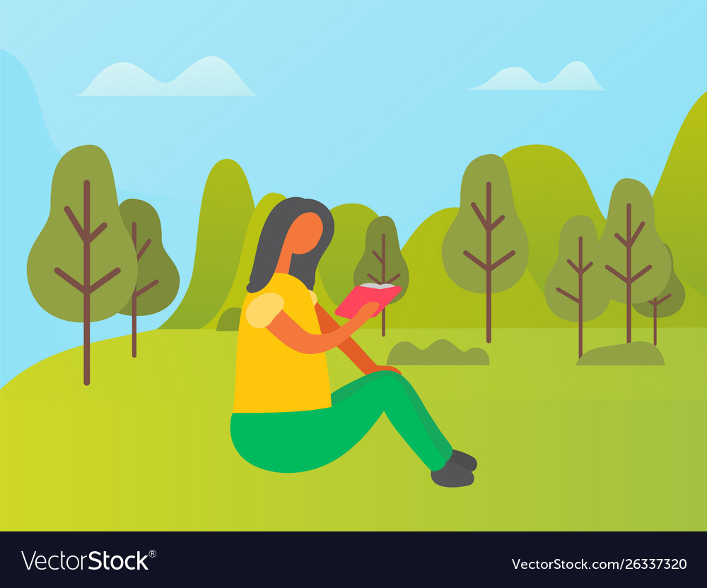 Woman sitting on grass and reading book Royalty Free Vector