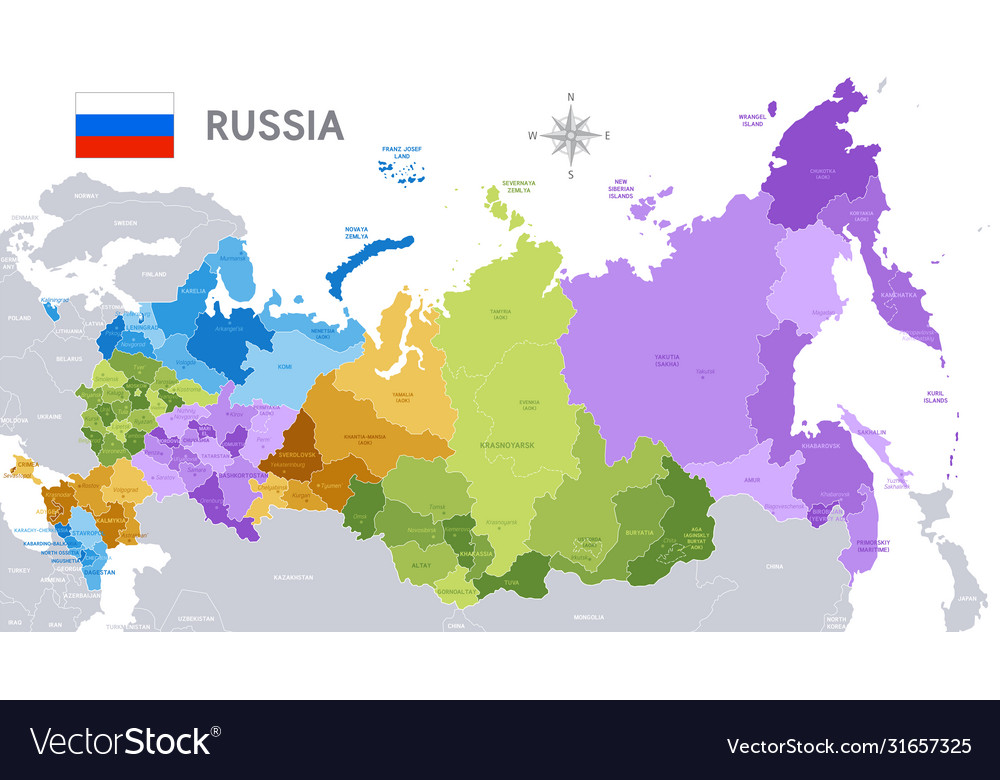 Map of the Russian Federation colored like the Russian flag Stock Vector