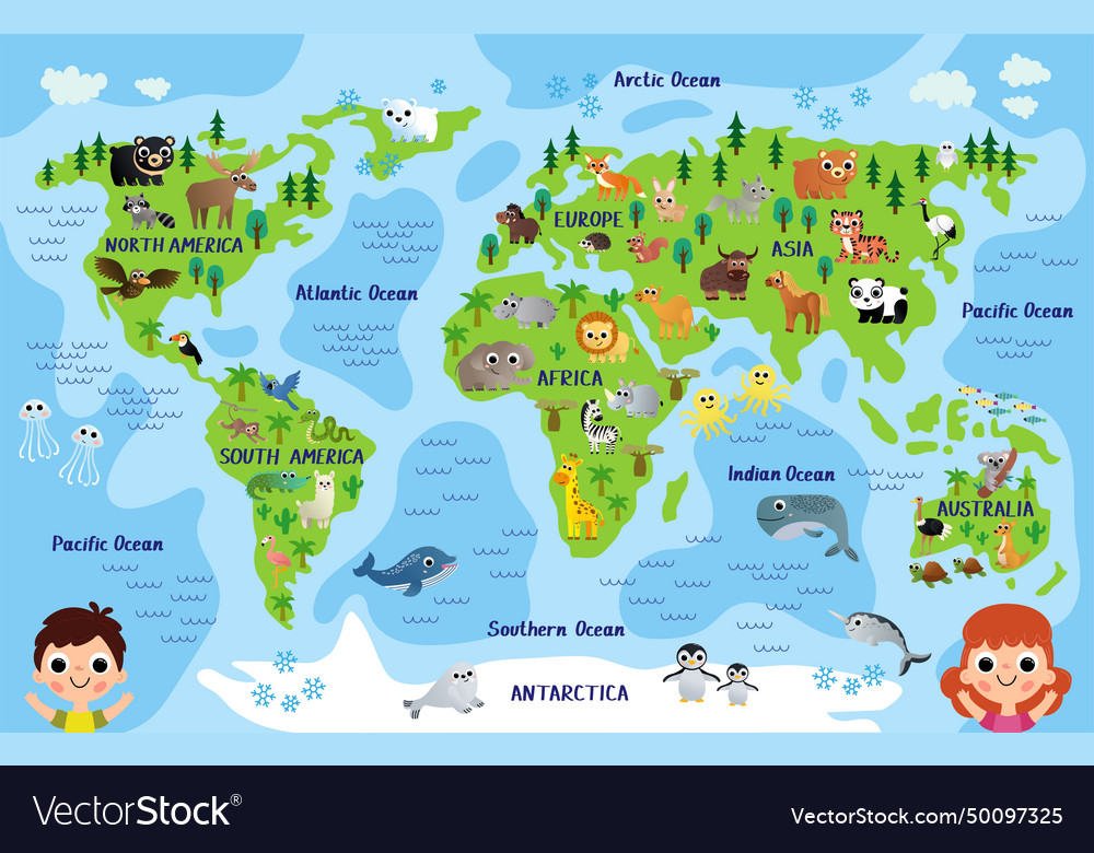 Childrens world map with animals Royalty Free Vector Image