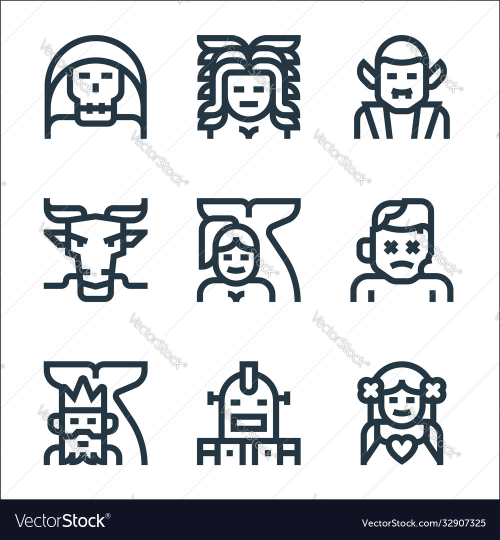 Fantastic characters line icons linear set