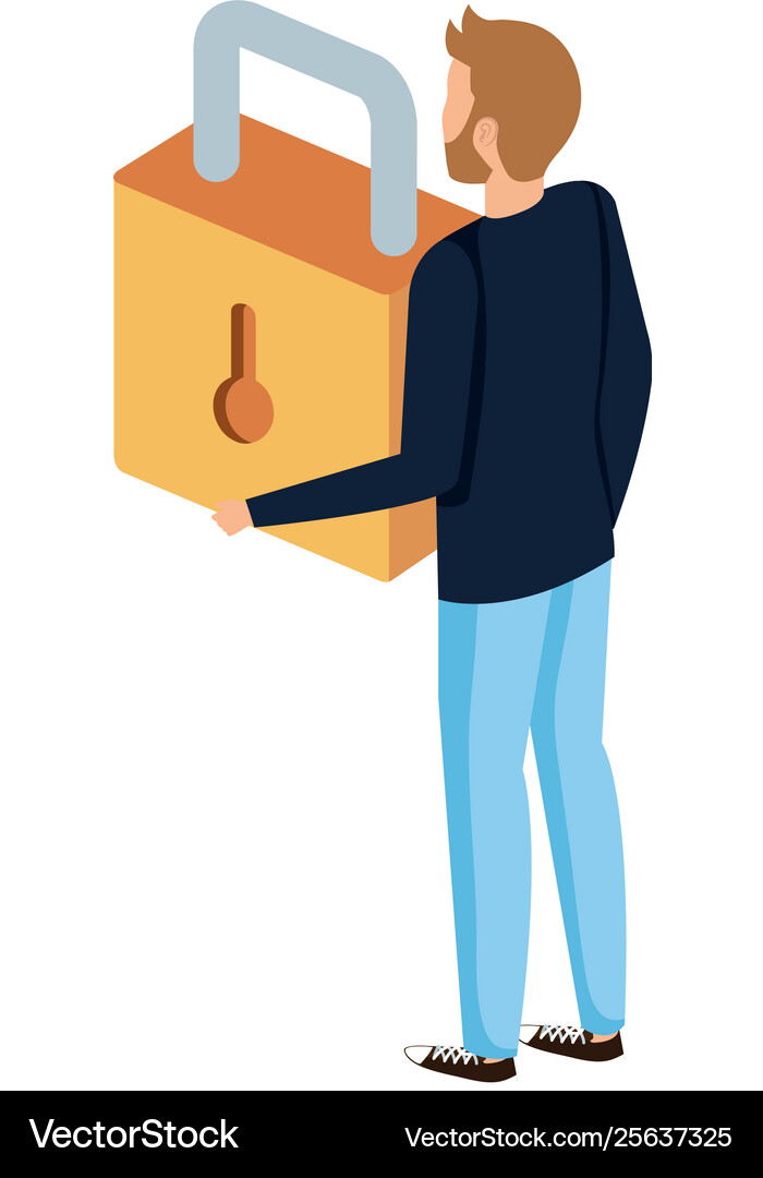 Man lifting safe secure padlock Royalty Free Vector Image