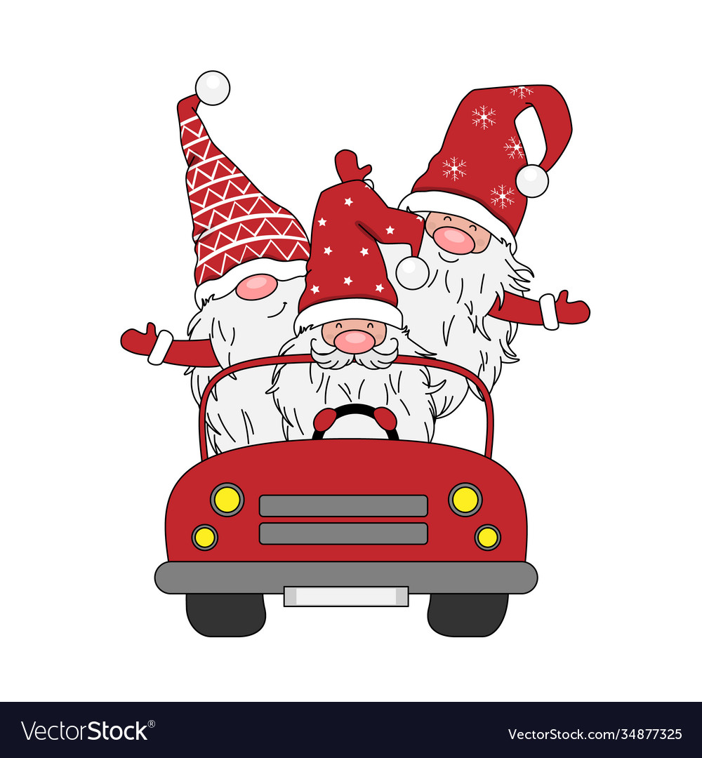 Three Gnomes in a Festive Car