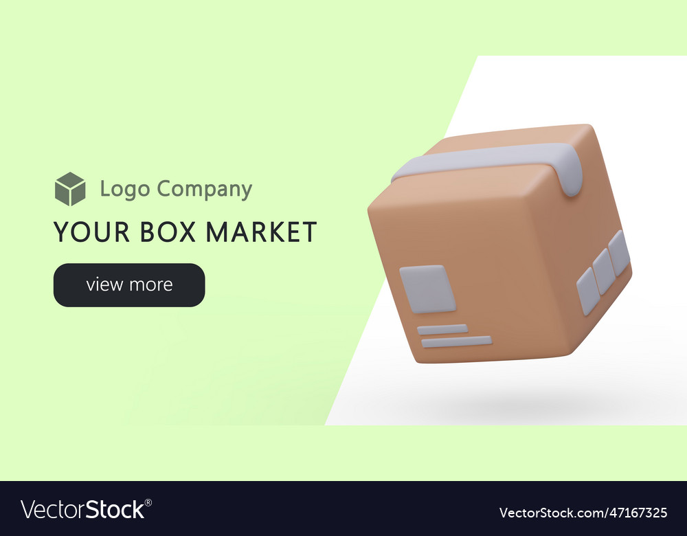 Web page with cartoon 3d box and button view more