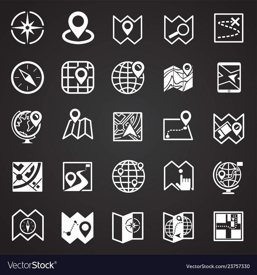 Map and navigation icons set on black background vector image Map and navigation icons set on black background