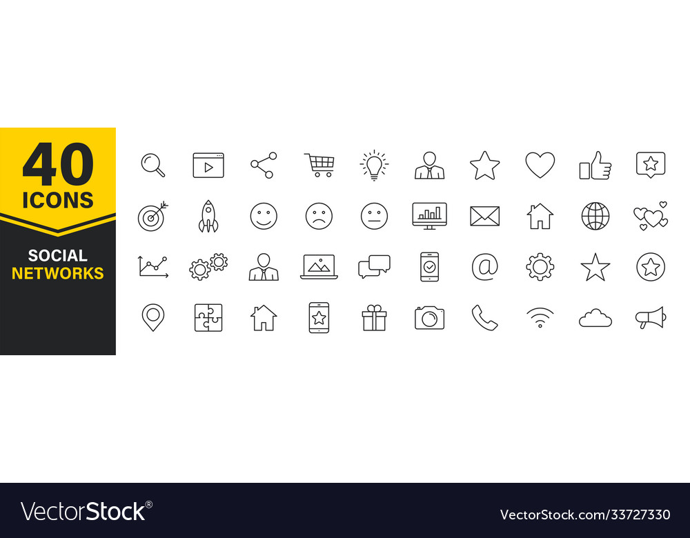 Set 40 social networks web icons in line style vector image Set 40 social networks web icons in line style