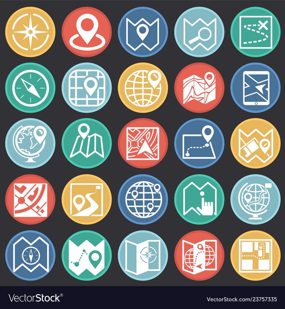 Map and navigation icons set on color circles