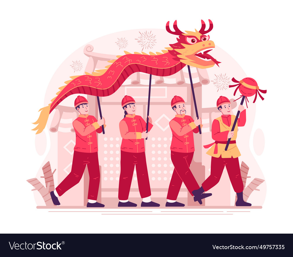 People in traditional costumes perform a dragon Vector Image