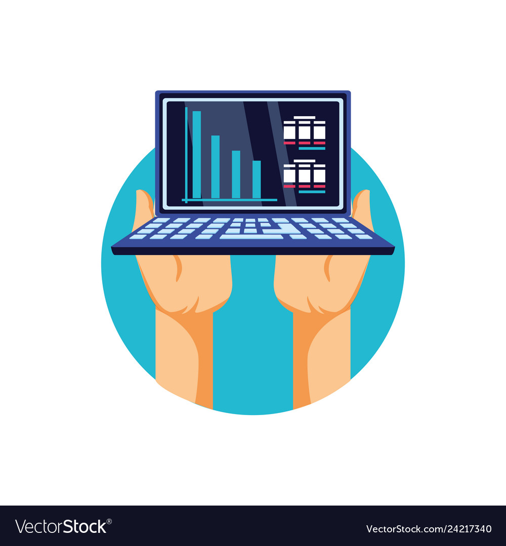 Hands and laptop computer with infographic