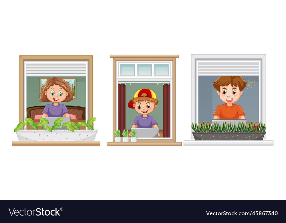 Kids using computer and looking through the window