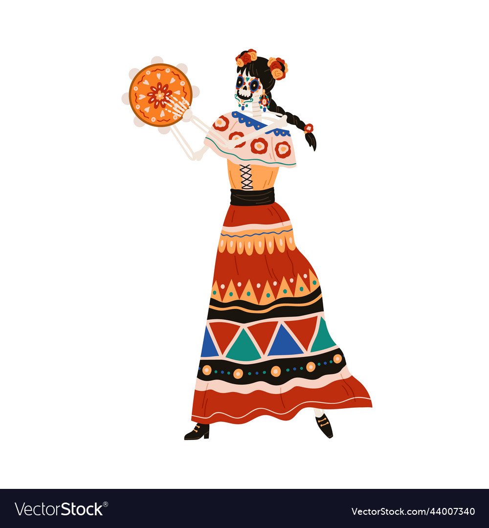 Mexican katrina playing tambourine for day of dead