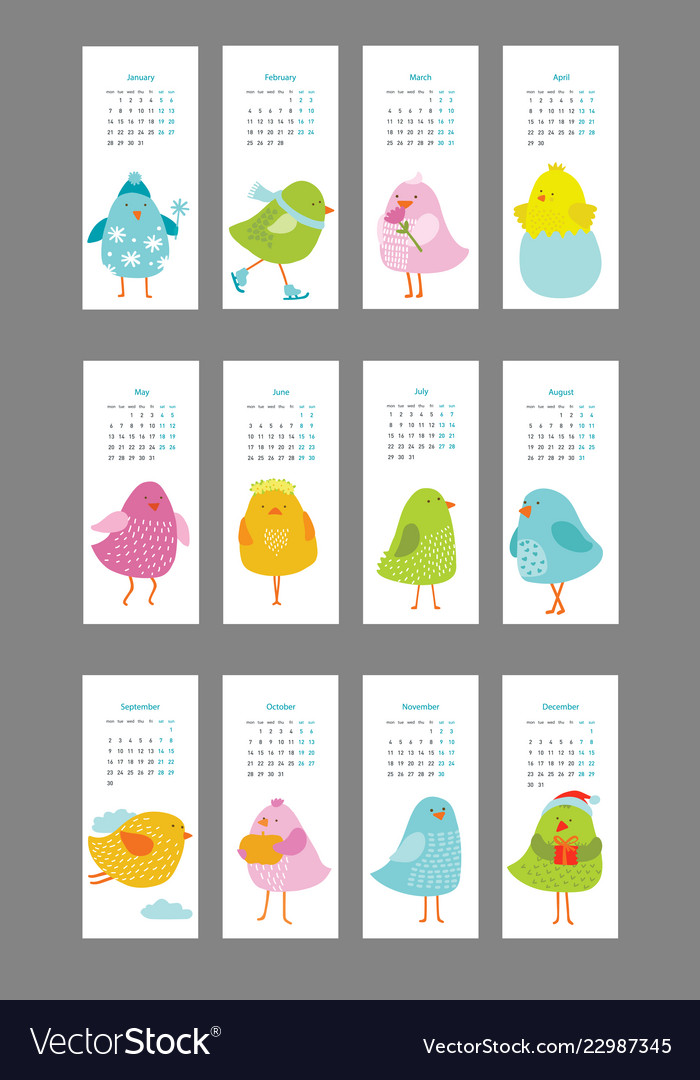 Colored birds calendar for 12 months Royalty Free Vector