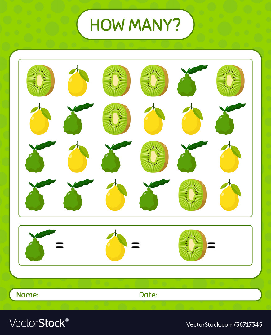 How many counting game with fruit worksheet vector image How many counting game with fruit worksheet