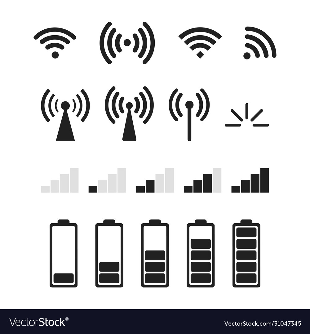 Set signal icons isolated level battery vector image Set signal icons isolated level battery