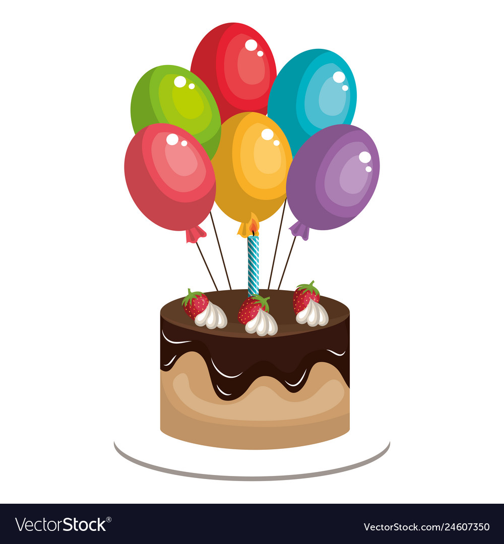 Delicious cake with balloons helium celebration Vector Image