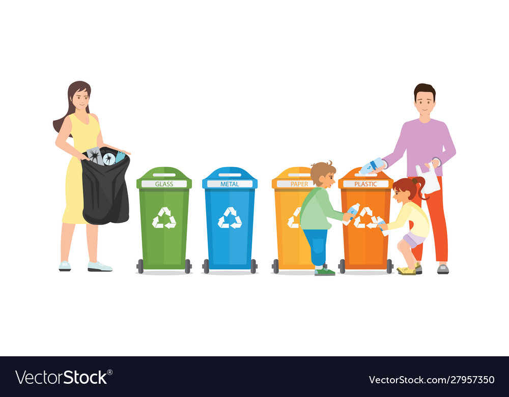 Family sorting garbage into collector