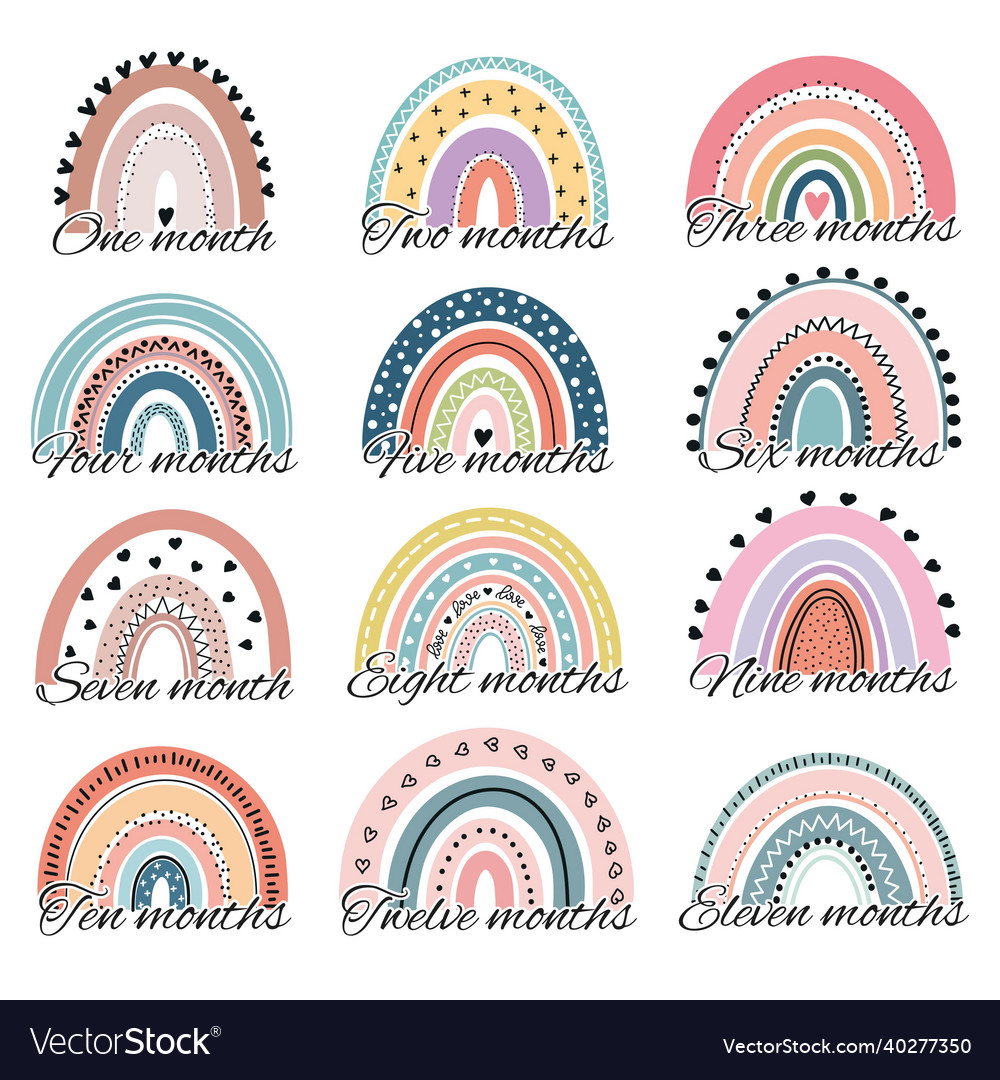 Set of baby milestone cards hand drawn vector image Set of baby milestone cards hand drawn