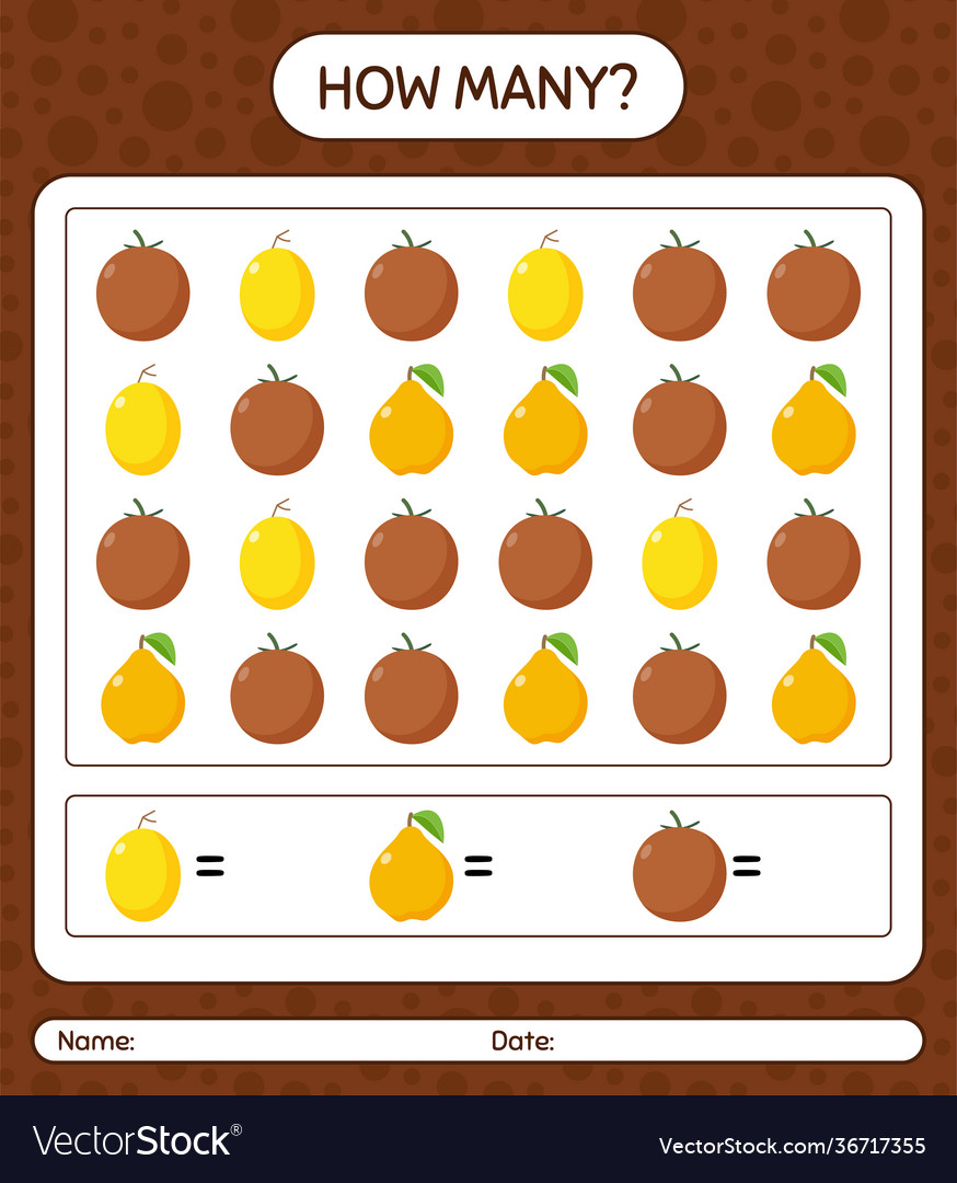 How many counting game with fruit worksheet vector image How many counting game with fruit worksheet