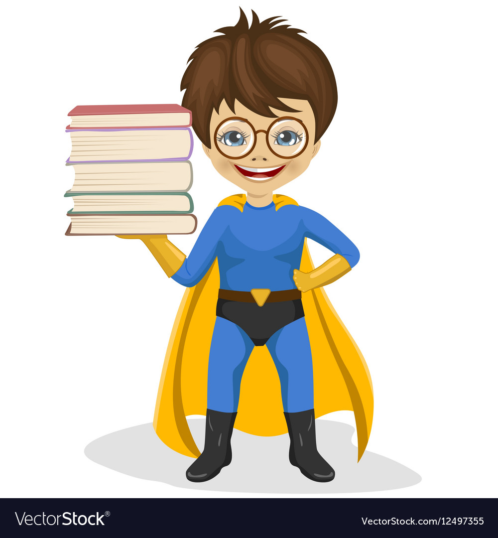 Little Superhero Boy Holding Stack Of Books Vector Image