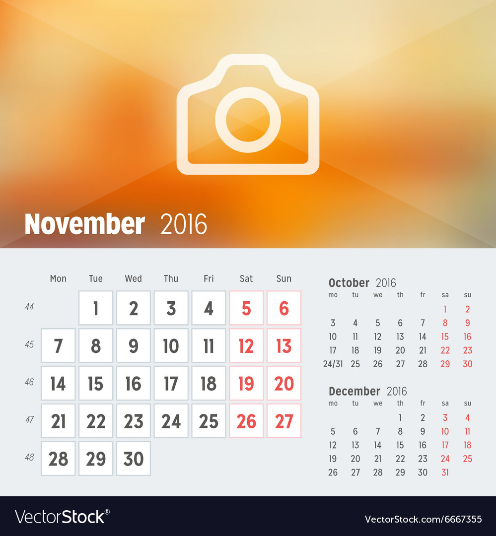 november 2016 desk calendar for 2016 year design vector image