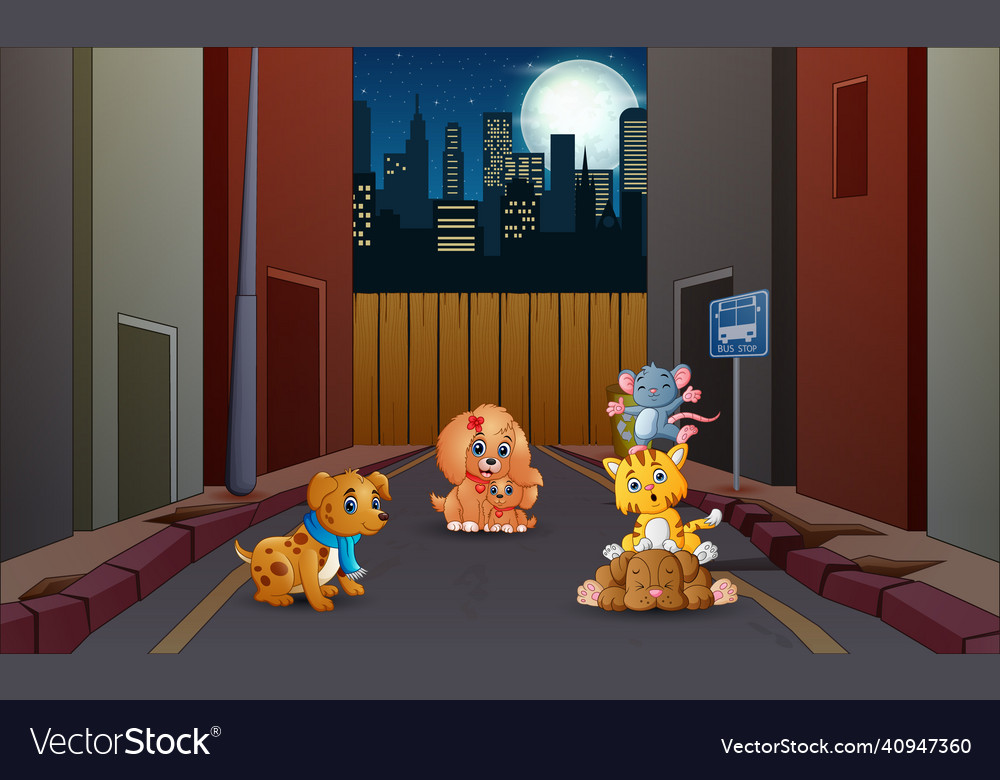 Cartoon pet animals in the middle of road at night