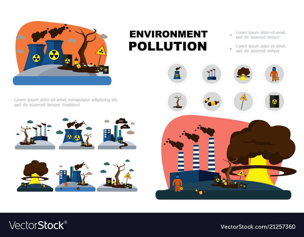 Flat environment pollution elements set Royalty Free Vector