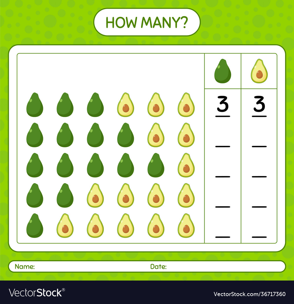 How many counting game with avocado worksheet vector image How many counting game with avocado worksheet