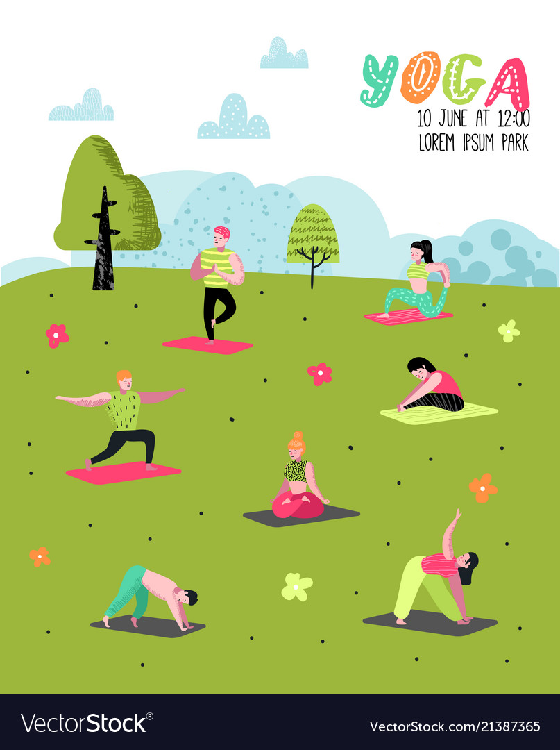 Cartoon people practicing yoga poster banner