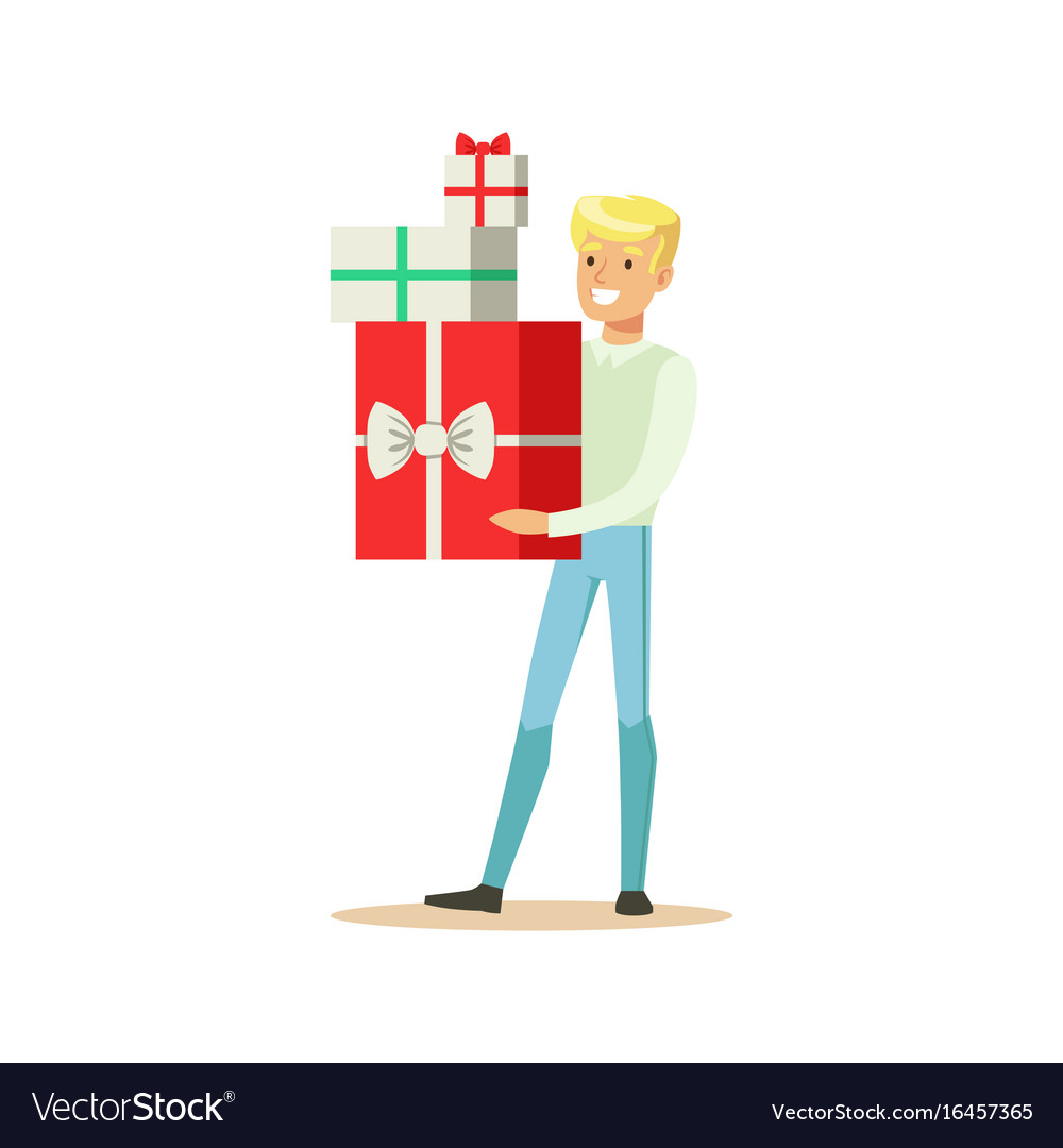 Hy Young Man Standing And Holding Gift Bo Vector Image