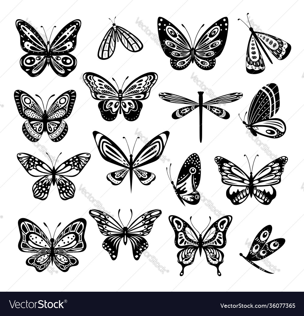 Silhouette icons set spring butterflies Royalty Free Vector