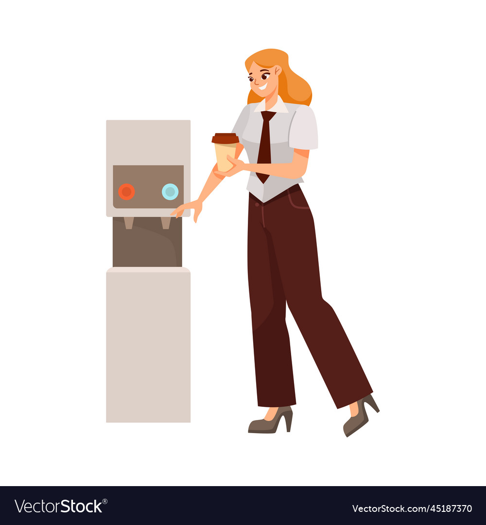 Cheerful woman office worker standing with coffee